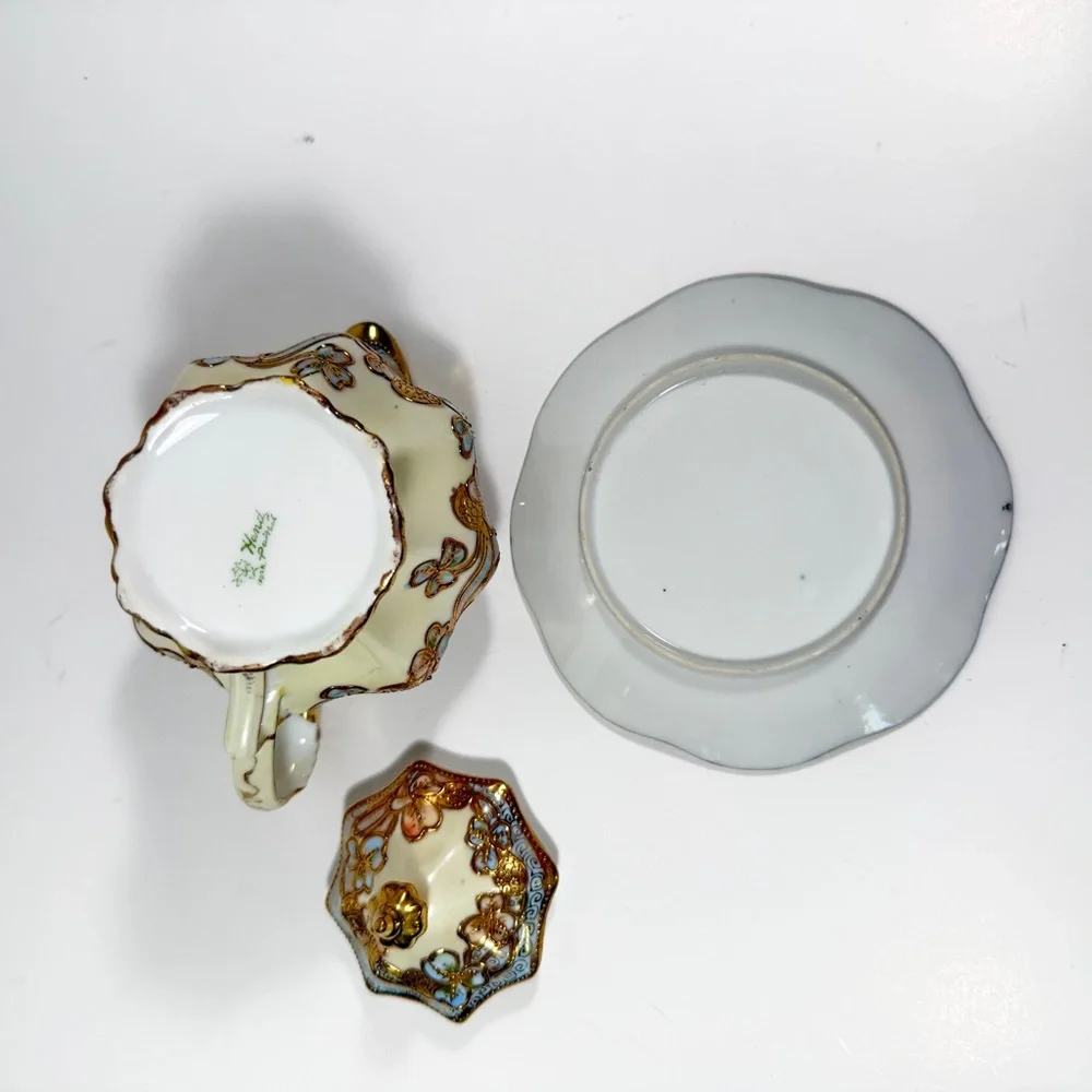 Antique Nippon Syrup Jug & Plate Hand Painted Blue Gold Moriage Flower‎ Signed